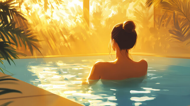 Tranquil pool bliss happy woman exuding joy and elegance. Golden Hour. Illustration