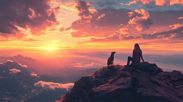 the joy of nature exploration as a woman and her loyal companion stand at the mountain summit, taking in the expansive views
serene moment on a mountain summit whe