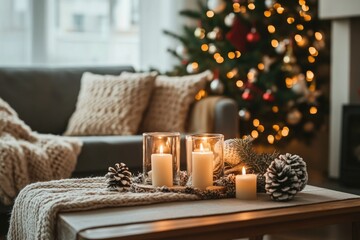 Festive winter cozy home interior with Christmas decoration, candles and pine cones on the coffee table 