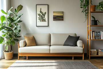 a serene living room corner in a small, minimal apartment, featuring a sofa, TV counter, and bookshelf, all while embracing Wabi-Sabi Japandi design principles