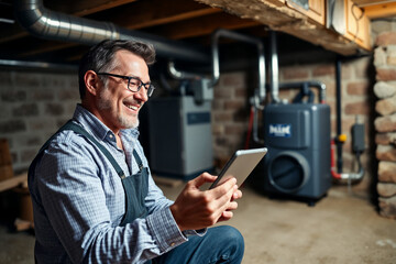 Happy mature handsome homeowner plumber, HVAC technician, man using a tablet mobile phone in a basement by water heater, burner, duct work. DIY repair or install, happy with work done, quote