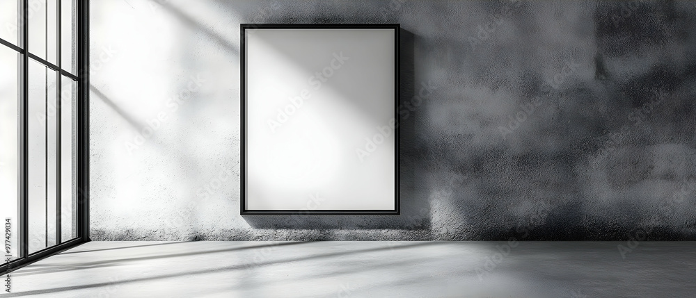 Poster minimalist room featuring an empty frame on a textured wall with natural light casting shadows, perf