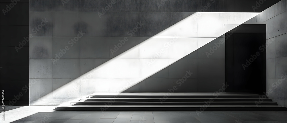 Poster a modern architectural space with stark lines, contrasting light and shadow, showcasing minimalistic