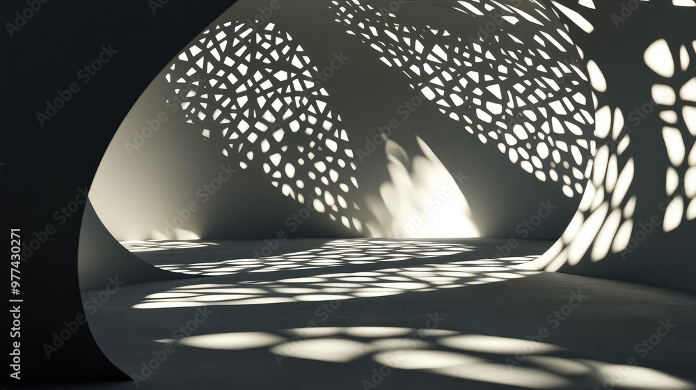 Poster intersecting geometric forms casting intricate shadows on a smooth, glossy surface.