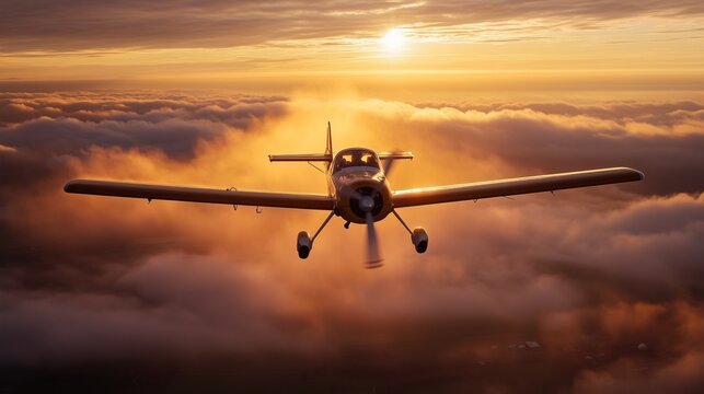 A crop duster plane flies through the clouds in the rays of the setting sun