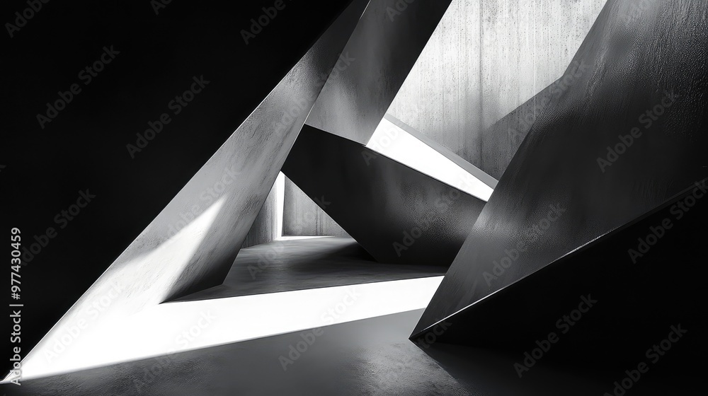 Poster intersecting geometric forms casting intricate shadows on a smooth, glossy surface.