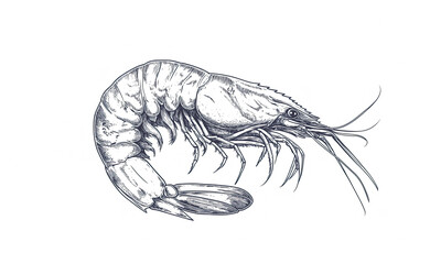 Seafood, shrimp prawn. Vintage retro print, black white seafood shrimp prawn sketch ink pencil style drawing, linear drawing, engrave old school. Sketch artwork shrimp prawn, seafood. Illustration