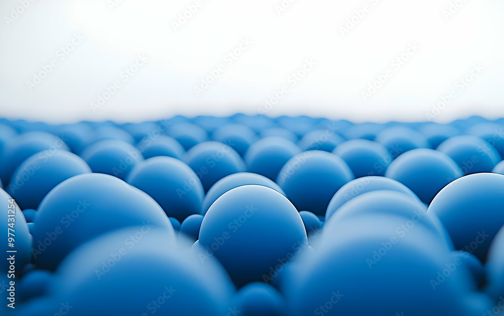 Poster a captivating image of blue spheres arranged in a pattern, creating a depth effect and a serene atmo