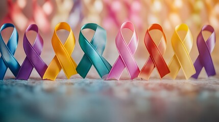 A row of ribbons of different colors on a soft-focus background, symbolizing various types of cancer awareness