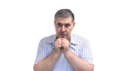 The man does not know what to do. Emotions of doubt and confusion.