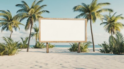 High-resolution white blank billboard mock-up on a tropical beach, clear ocean view, bright sunlight, highly realistic textures