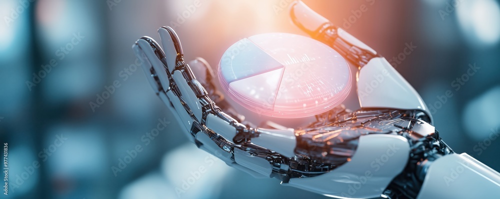 Poster a futuristic robot hand holds a pie chart, symbolizing advanced technology and data analysis in a mo