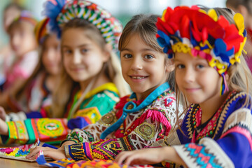 Fototapeta premium World Children’s Day: Multi-ethnic kids in traditional attire, engaging in collaborative games, learning, and creative activities.