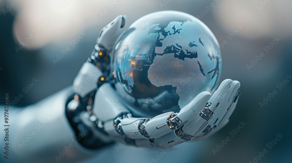 Poster a futuristic robotic hand holding a transparent globe representing technology and global connectivit
