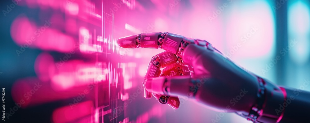 Aufkleber a futuristic robotic hand interacts with a glowing interface, showcasing advanced technology and inn