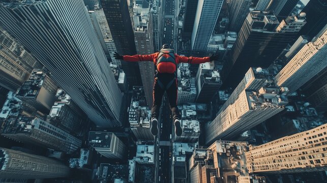 A parachutist soars in free fall over a metropolis. Dubai, high-rise buildings, parachuting.