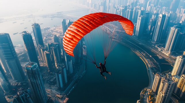 A parachutist soars in free fall over a metropolis and the sea. Dubai, high-rise buildings, parachuting.