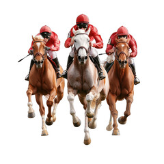 Exciting horse race scene with jockeys in red outfits competing for victory on powerful horses, showcasing speed and athleticism. transparent background