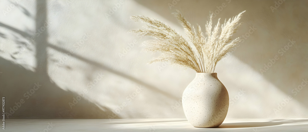 Poster a minimalistic vase adorned with dried grass in soft sunlight, creating a serene and elegant home de