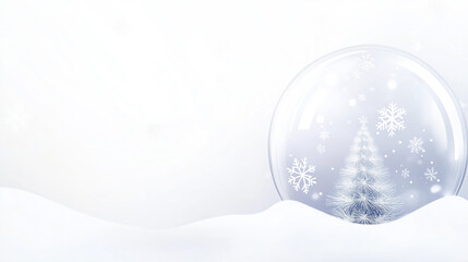 White snow globe with Christmas tree and snowflakes on light background with copy space