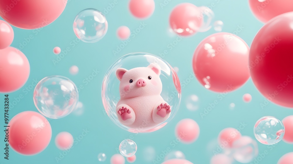 Poster a group of cats are floating in the air inside of clear bubbles. the bubbles are of different sizes 