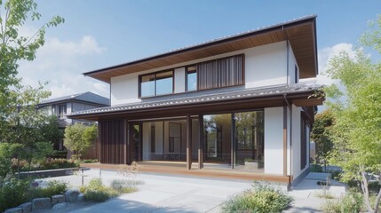 Fototapeta premium A dynamic image of a modern Japanese house blending traditional elements with contemporary design, showcasing a clean, minimalist exterior with large windows and a sleek roofline.