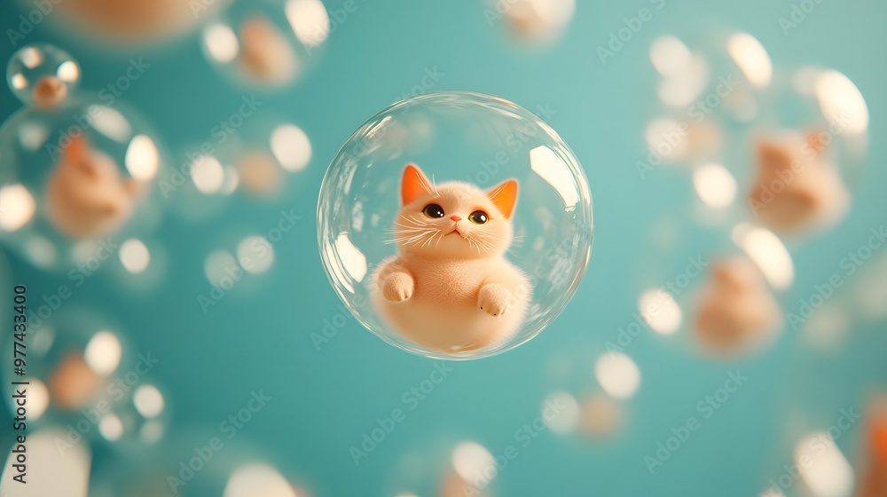 Poster a group of cats are floating in the air inside of clear bubbles. the bubbles are of different sizes 