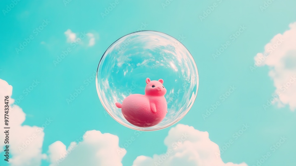 Poster a group of cats are floating in the air inside of clear bubbles. the bubbles are of different sizes 