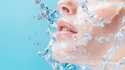 Fototapeta premium Refreshing splash of water against a serene face, capturing beauty and hydration in a vibrant, clean environment.