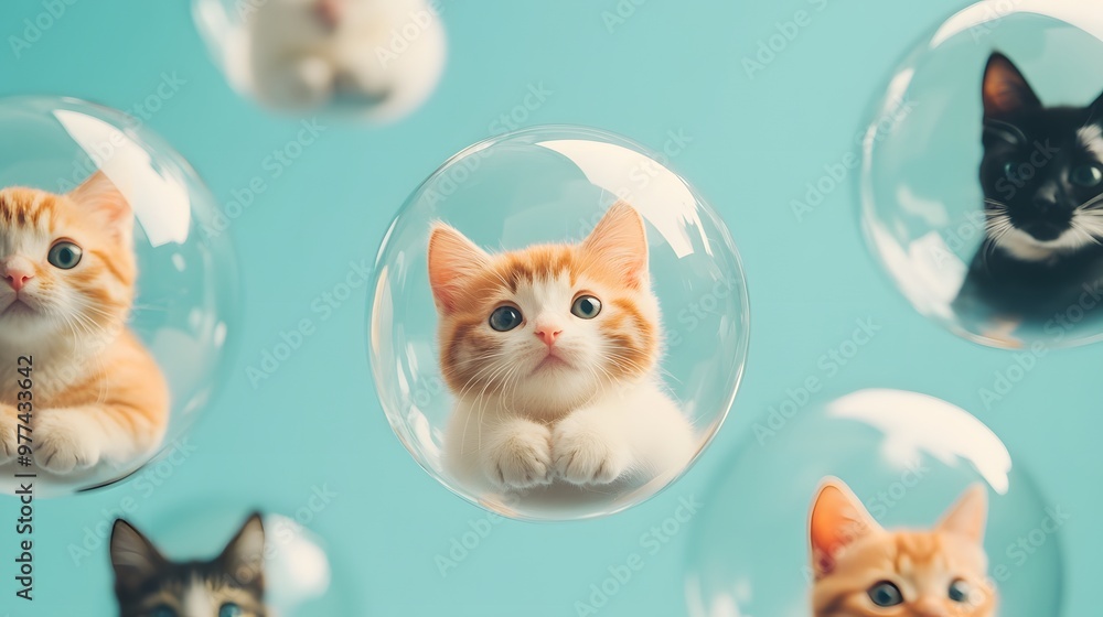 Poster a group of cats are floating in the air inside of clear bubbles. the bubbles are of different sizes 