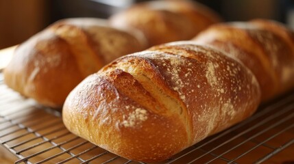 A dynamic image of bread loaves cooling on a wire rack, with a focus on the texture of the crust and the inviting aroma of freshly baked bread filling the air.