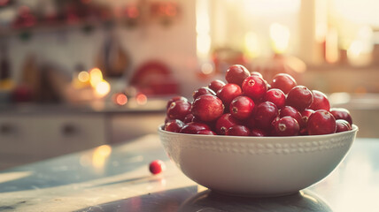 Fresh red washed cranberries in bowl