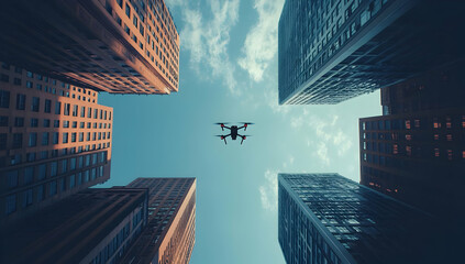 Aerial view of a drone flying between towering skyscrapers under a bright blue sky, showcasing urban technology and innovation.