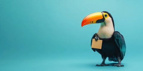 Trendy Toucan with Discount Tag on Pastel Blue Background