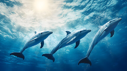 A pod of playful dolphins leaps joyfully through the crystal-clear, azure sea, their sleek bodies glistening in the sunlight