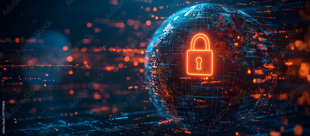 Aufkleber futuristic digital globe with a glowing lock symbol, representing cybersecurity and data protection 