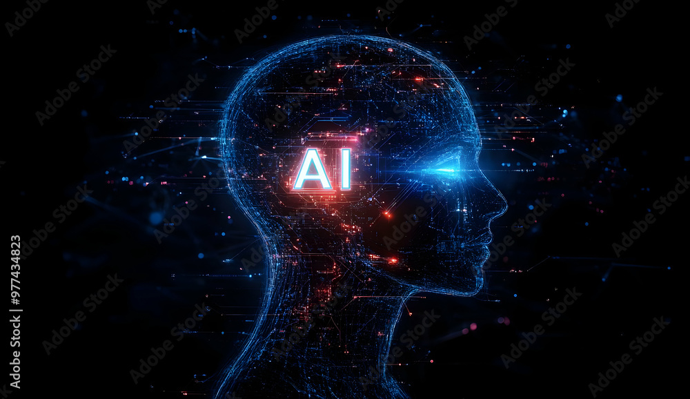Poster a futuristic representation of artificial intelligence, showcasing a digital brain illuminated with 
