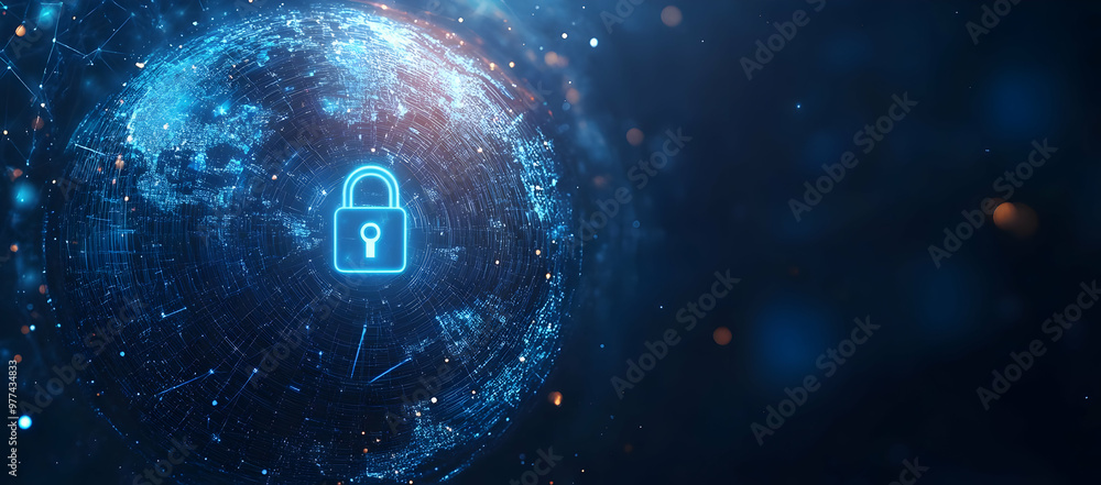 Poster a secure digital globe with a blue lock symbol, representing cybersecurity and data protection in a 