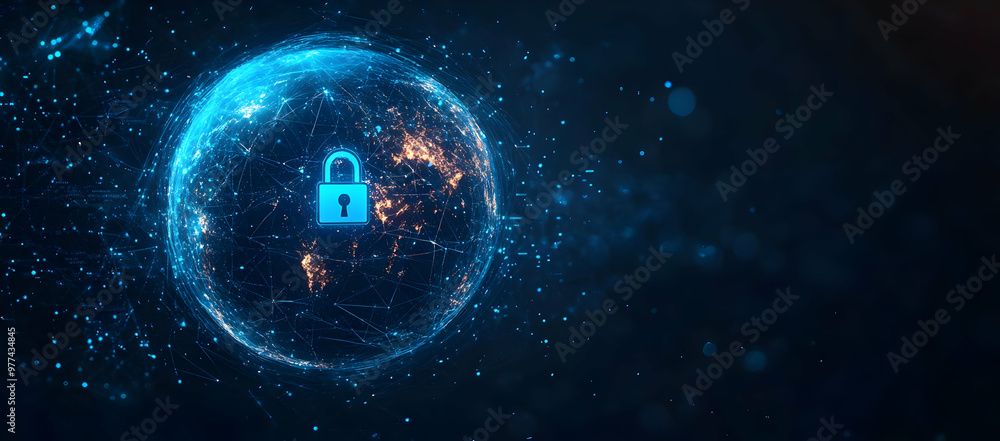 Poster digital globe with a padlock symbolizes cybersecurity and global protection technology in a connecte