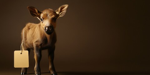 Adorable Moose Calf with Discount Tag on Dark Brown Background