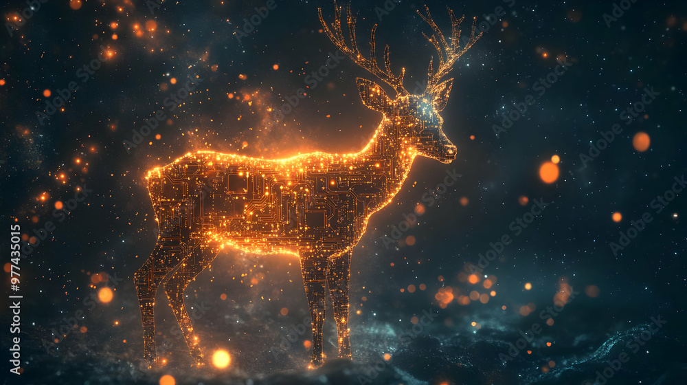 Poster a mesmerizing glowing deer created with sparkling particles in a mystical forest setting, radiating 