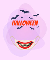 Face mask with sharp teeth for Halloween party poster design. Flying bats on abstract background. Celebration, holiday concept. Vector illustration for invitation or banner