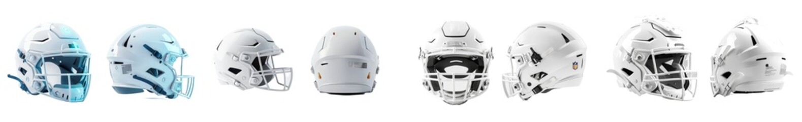 White American football helmet mockup, front, back, side view