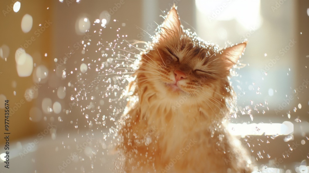 Poster a dynamic scene of a cat shaking water off its fur after a bath, with droplets flying and the cat fu