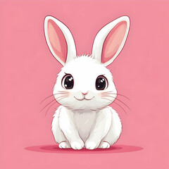 A cute, cartoon-style white rabbit with large ears and bright eyes, set against a soft pink background, perfect for children's themes.