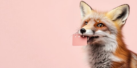 Curious Fox Playfully Biting Discount Tag in Soft Pink Background