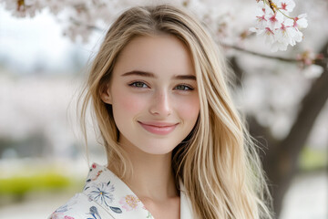 Naklejka premium Caucasian woman wearing japanese kimono with cherry blossom background