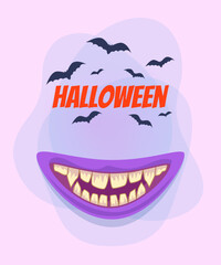Halloween banner with smiling monster month and flying bats on abstract background. Celebration, party, holiday concept. Vector illustration for invitation, postcard or poster
