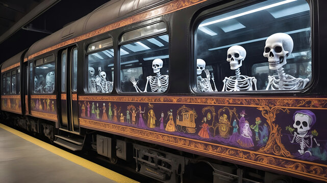 A ghostly train travels through different time periods, with skeleton passengers in festive attire waving from the windows. Day of the dead concept
