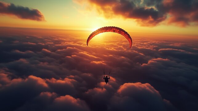 A parachutist soars on a paraglider in the clouds at sunset